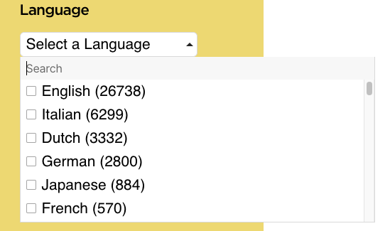 Language filter dropdown list